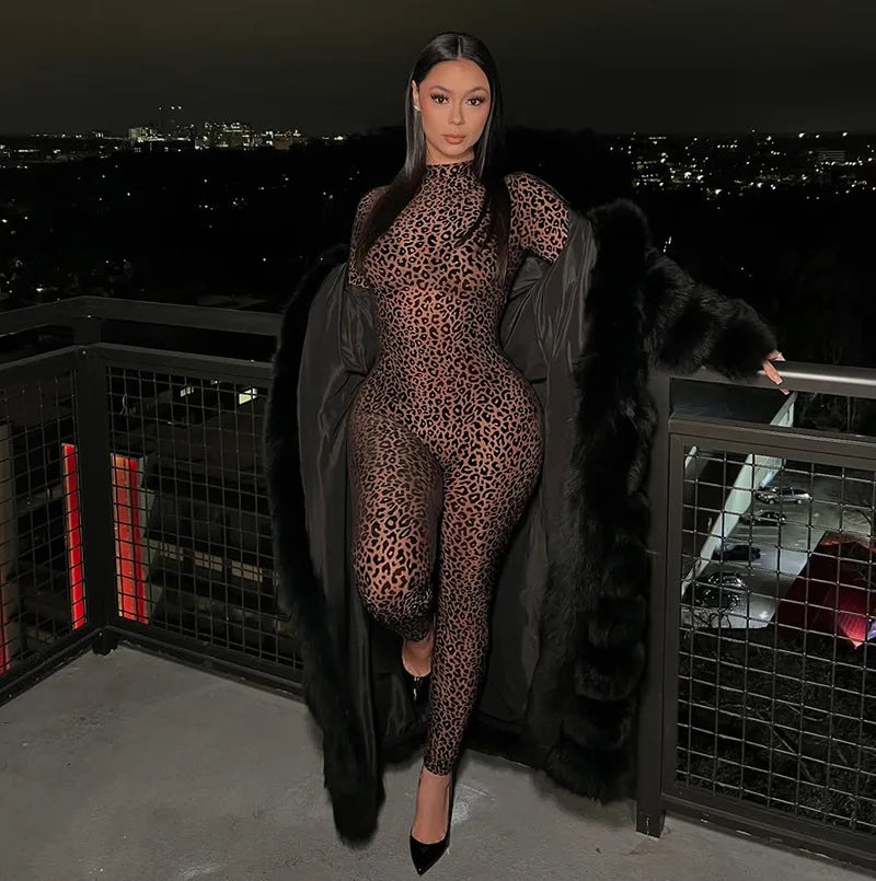 Shestyle Velvet Leopard Sexy Jumpsuits Women Turtleneck Nude Bodycon Mesh Transparent Zipper Fly Slim Fitness Playsuit Clothes