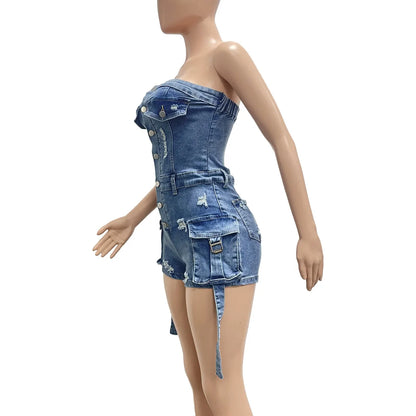 Jumpsuits Women Denim One Piece Jeans Shorts Summer 2025 Short Pants Strapless Backless Hole Washed Distressed Streetwear
