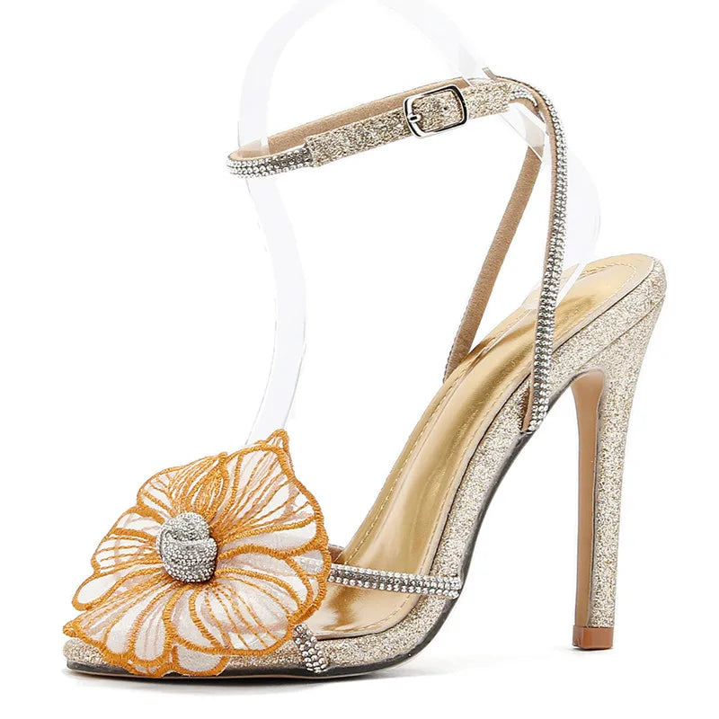 2025 Summer New brand Luxury Rhinestones Flowers Women Sandals Fashion Sequined Ankle Strap Stiletto High heels Female Shoes
