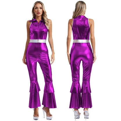 Women Shiny Metallic Jazz Disco Dance Jumpsuit 70s 80s Hippie Costume Sequin Tassels One Shoulder Bell Bottom Bodysuit Rompers