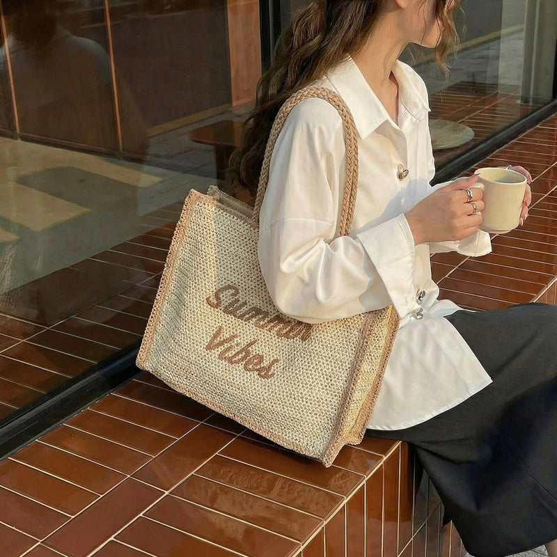 Large Capacity Women Tote Bag 2026 New Fashion Hand-made Straw Bag Female Shoulder Handbag Causal Commuter Bags for Ladies