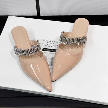 Luxury Crystal Women Slippers Pointed Toe Mules Shoes Elegant Heeled Sandals New Party Slingabck Flip Flops Elegant Mujer Shoes