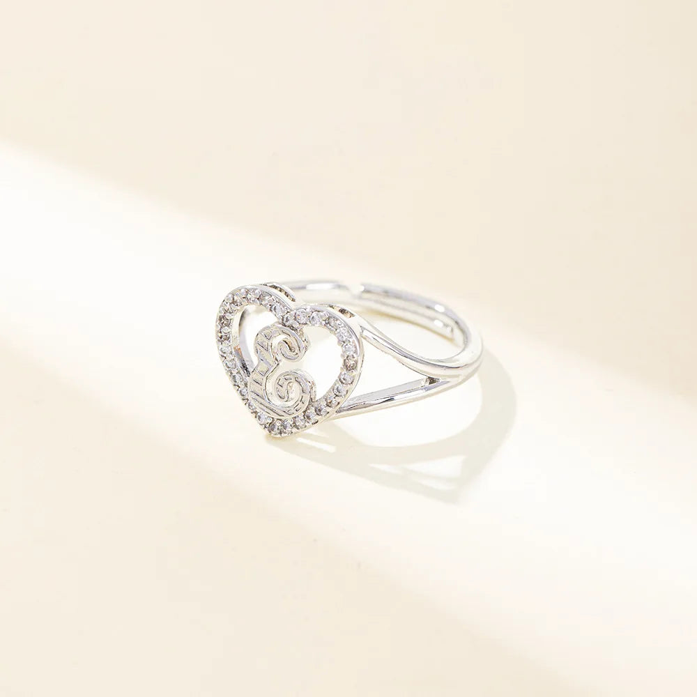 White Zircon 26 Letters A-Z Love Heart Open Adjustable Rings For Women Gold Silver Color Wedding Band Jewelry Mother's Day Gifts
