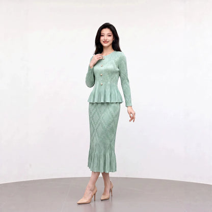 Miyake Pleated Skirt Set Plisse 2026 Autumn New Single-Breasted Flared Long Sleeve Cardigan Top Length Set Slim Fit Versatile