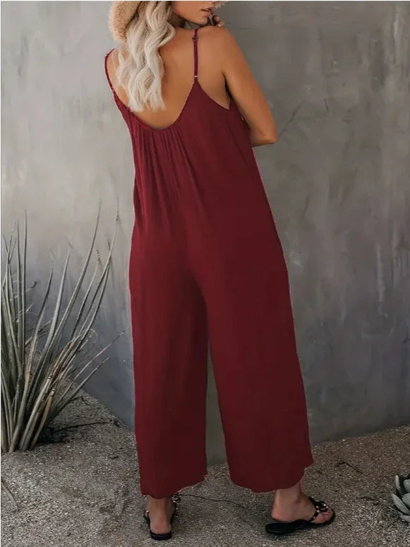 Plus Size Women's 1XL-5XL Fashionable Solid Color Jumpsuit Ladies Casual Suspender V-neck Casual Loose Elegant Jumpsuit