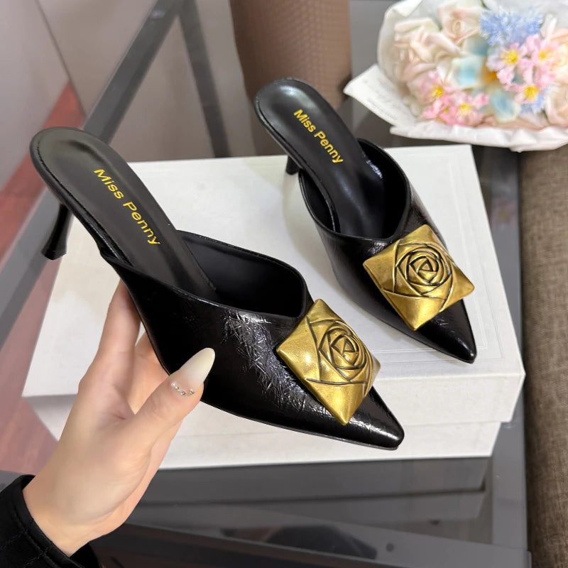 Women High Heels Slippers Summer New Luxury Fashion Gold Flower Decoration Modren Sandals Ladies Pointed Toe Mules Shoes Slides