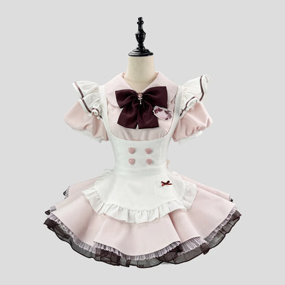 Pink Sweet Maid Lolita Full Set Ruffle Mini Dress With Apron Bow Headpiece Cosplay Costume For Halloween Party