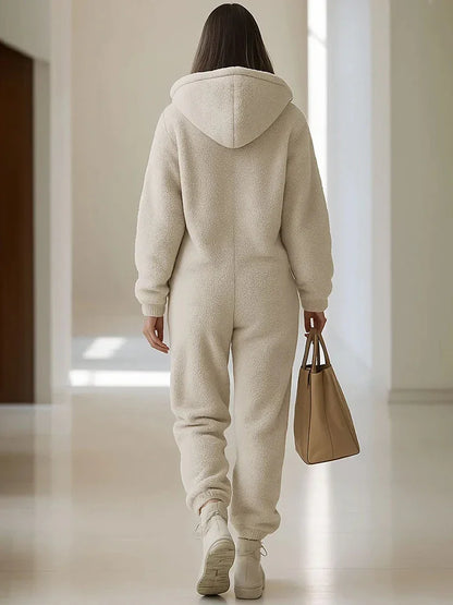 Autumn Winter Women Solid Color Fur Jumpsuits Elegant Long Sleeve Hoodies Playsuits Overalls Fashion Pocket Warm Commute Rompers
