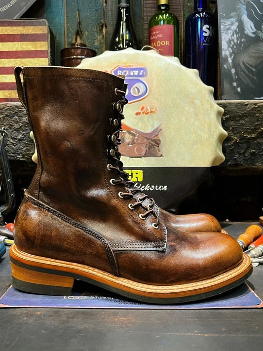 Men's Retro Brown Big Head Work Leather Riding Men's Boots High Top Long Barrel Motorcycle Leather Men's Shoes