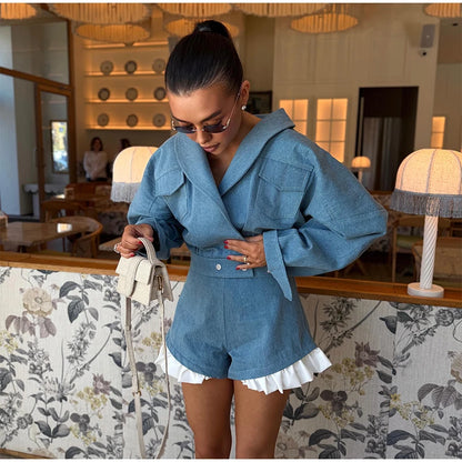 Street Lapel Cropped Coat Shorts Set Women's Solid Single Button Full Sleeve Jackets Ruffles Short Pants 2026 New Lady Outfits