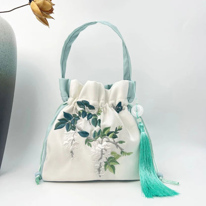 Chinese Style Retro Flower Embroidery Crossbody Top-handle Bags Women Shoulder Lace Drawstring Bucket Bag Coin Purses Handbags
