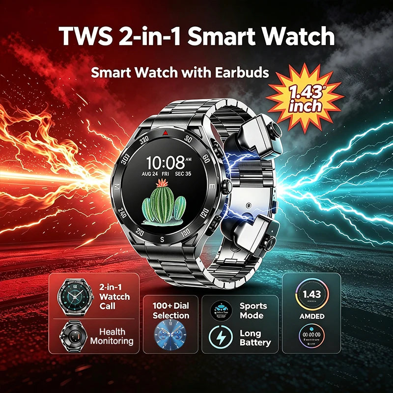 2026 New TWS 2-in-1 Smart Watch Earphones 1.43 "AMOLED Screen with Heart Rate Sleep Monitoring Music Player NFC IP67 Smartwatch
