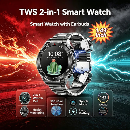 2026 New TWS 2-in-1 Smart Watch Earphones 1.43 "AMOLED Screen with Heart Rate Sleep Monitoring Music Player NFC IP67 Smartwatch