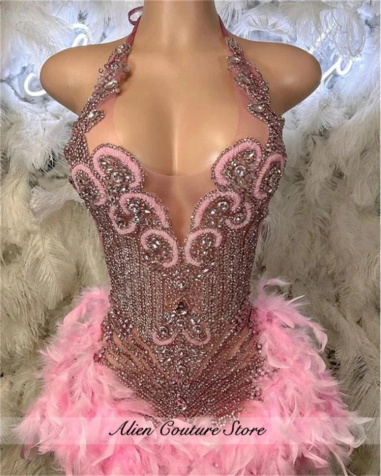 Glitter Pink Crystal Short Prom Dress For Black Girl Homecoming Senior Cocktail Dress Birthday Party Gown Feathers Customized