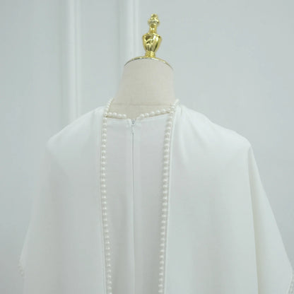 White Pearl Trim Cape Maxi Dress Women Elegant Long Sleeve Cinched Waist Muslim Robes 2026 Spring EID Abaya Lady Dresses