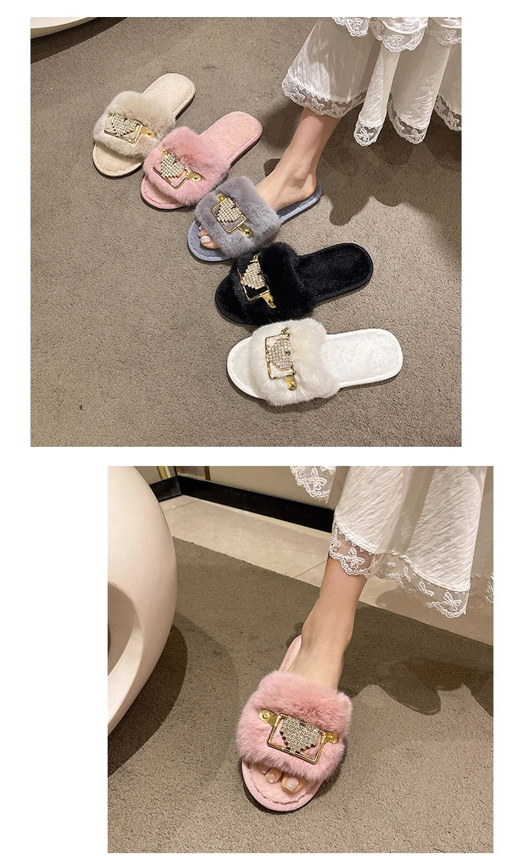 Love Chain Fluffy Women's Slippers Home Fashion Luxury Designer Shoes Woman Autumn Winter Faux Fuzzy Fur Slides Indoor Elegant
