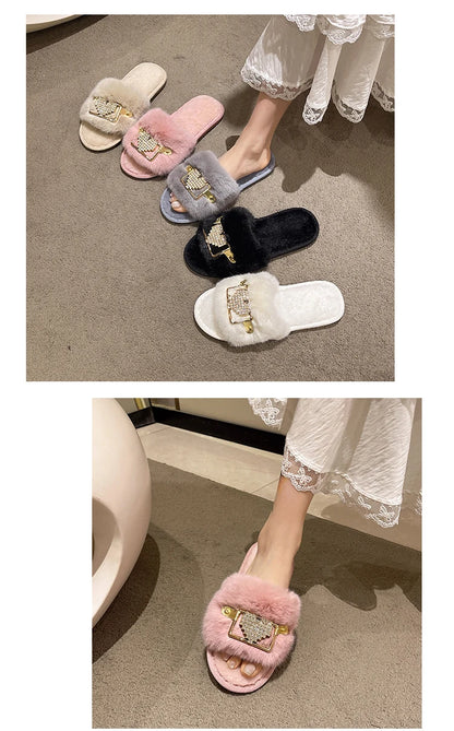Love Chain Fluffy Women's Slippers Home Fashion Luxury Designer Shoes Woman Autumn Winter Faux Fuzzy Fur Slides Indoor Elegant