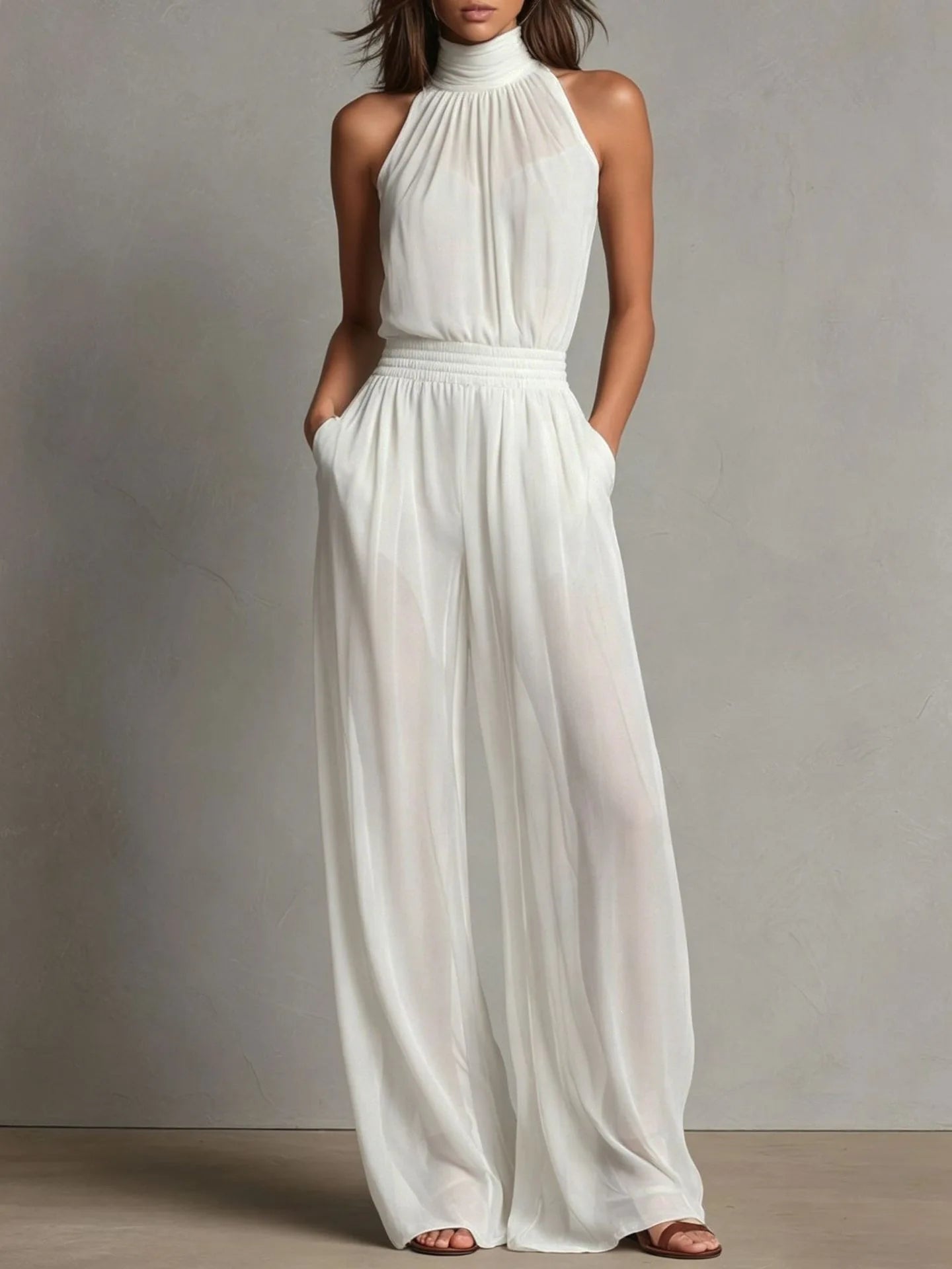 Womens Jumpsuits Summer Elegant Chiffon Sleeveless High Neck Backless Wide Leg Pants Jumpsuit Playsuit