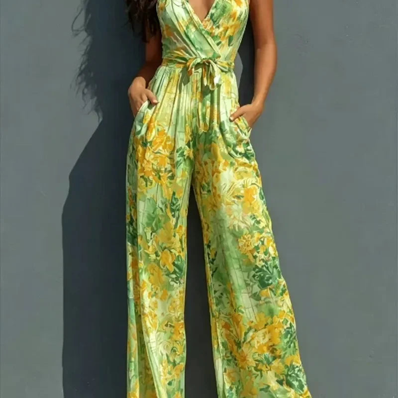 Women Sexy Print V Neck Sleeveless Jumpsuit Summer Casual High Waist Wide Leg Romper With Pockets Holiday party style jumpsuit