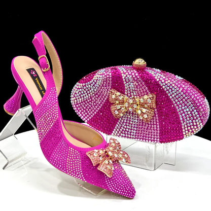 Venus Chan Green Color Pointed-Toe High Women Heels Shoes and Bags for Women Rhinestone Evening Party Elegant Luxury Handbag