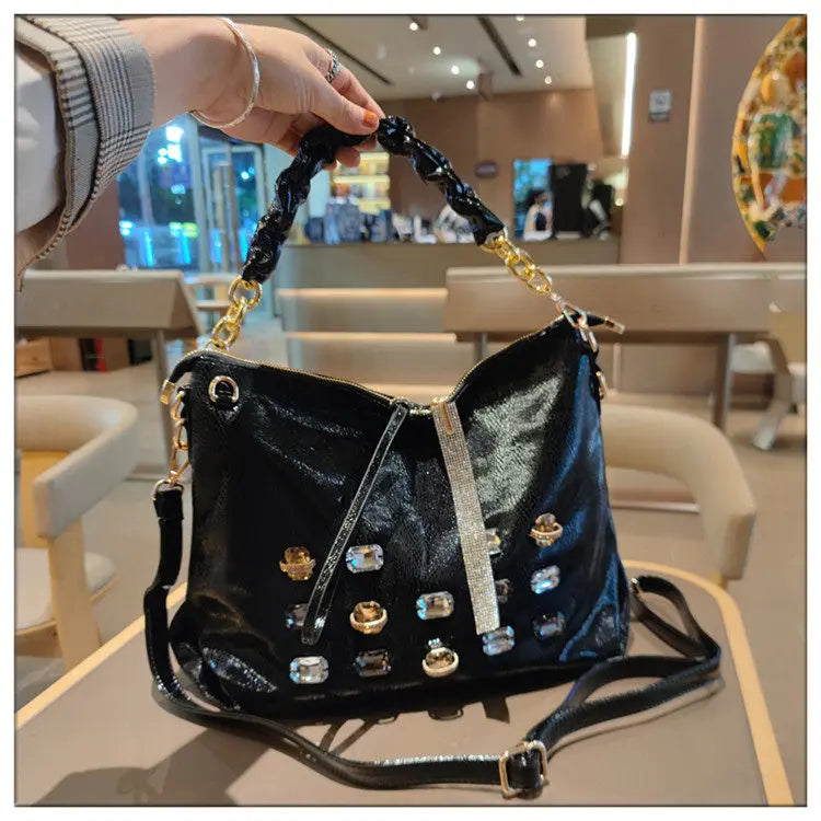 2026 New Fashion Diamonds Women Handbags Genuine Leather Tote Bag Large Capacity Work Commute Leisure Versatile Shoulder Bags