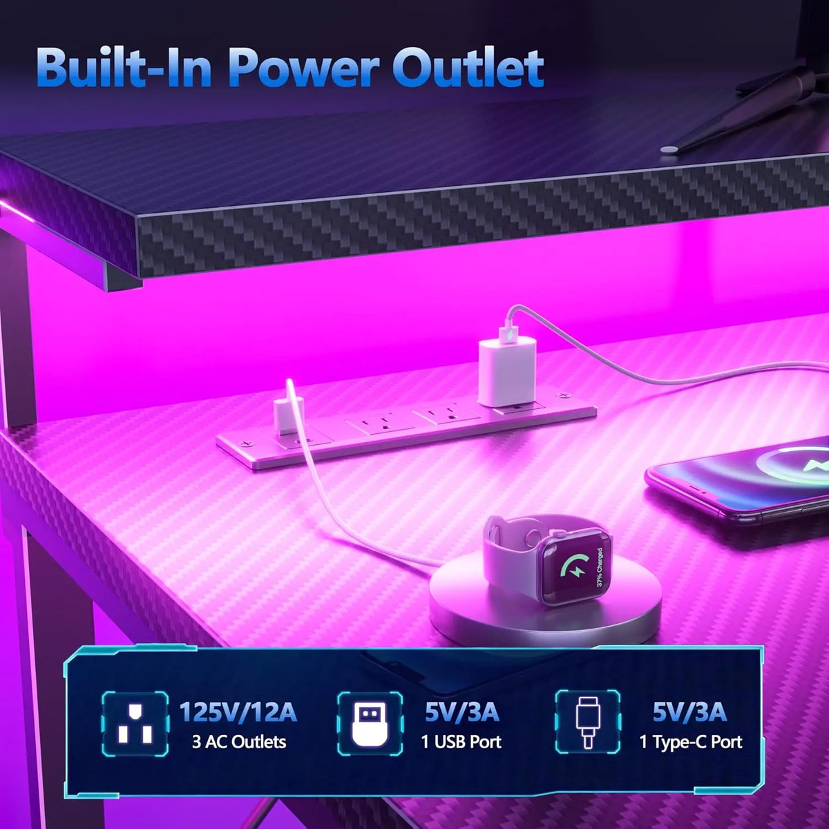 Gaming Desk 48" with Power Outlet & LED, Carbon Fiber Black Finish, Customized