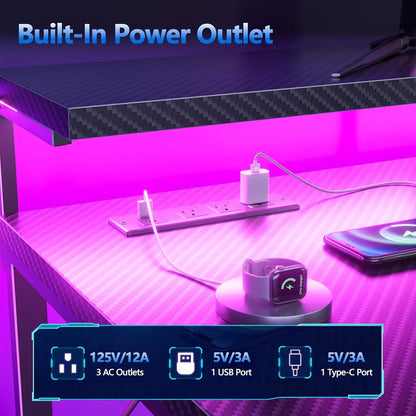 Gaming Desk 48" with Power Outlet & LED, Carbon Fiber Black Finish, Customized