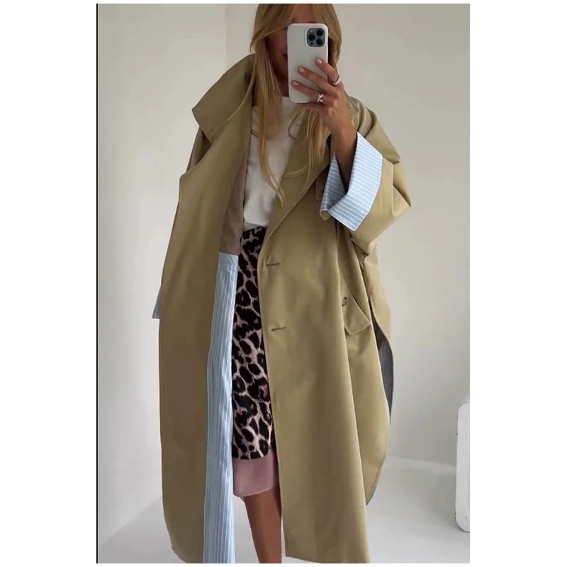 Women Black Long Solid Color Trench Coat Stand Collar Loose Drop Shoulder Single-breasted Windbreaker Lady Commute Outing Wear