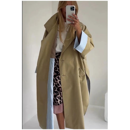Women Black Long Solid Color Trench Coat Stand Collar Loose Drop Shoulder Single-breasted Windbreaker Lady Commute Outing Wear