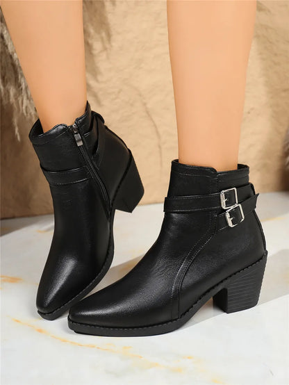 Retro Belt Buckle Women Short Ankle Boots Plus Size 43 Autumn Zipper Soft Leather Square Heel Ladies Pointed Toe Party Shoes New