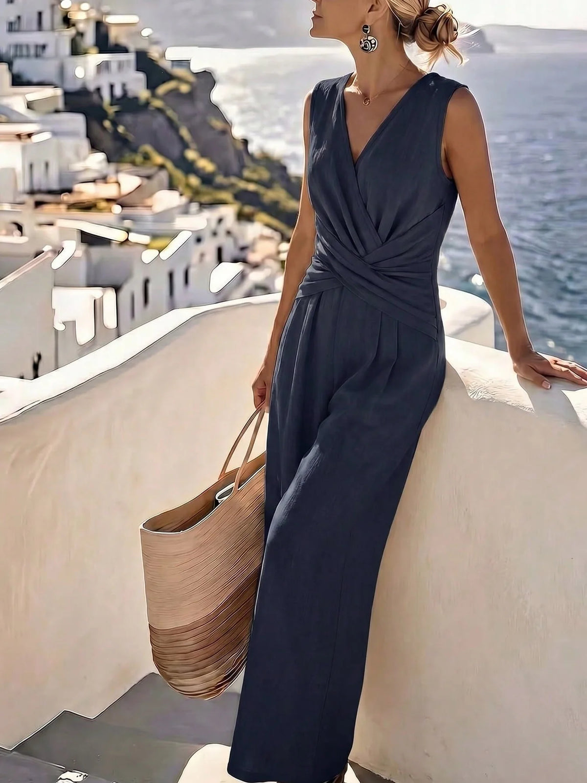 Fashion Light Blue Wide Leg Pants Jumpsuit Women's V-neck Sleeveless Cross Wrap Waist Design Rompers Summer Casual Jumpsuits