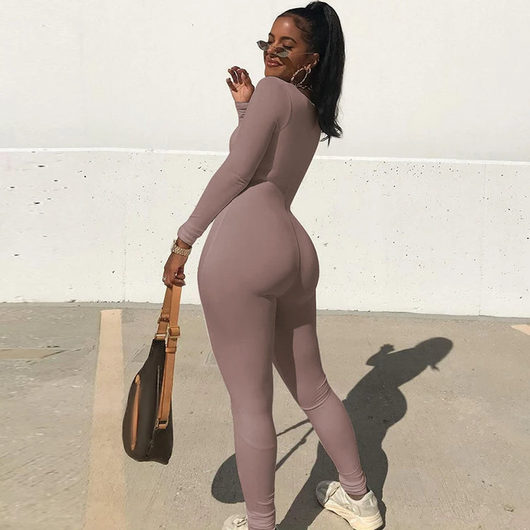 Hugcitar 2025 Square Collar Solid Long Sleeve Stretchy Bodycon Jumpsuits Winter Women Fashion Romper Streetwear Sport Wholesale