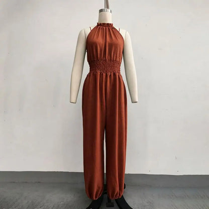 Smocked Waist Lantern Pants Women Rompers Summer Romper Halter Neck Sleeveless Jumpsuit With Lantern Leg For Casual Streetwear