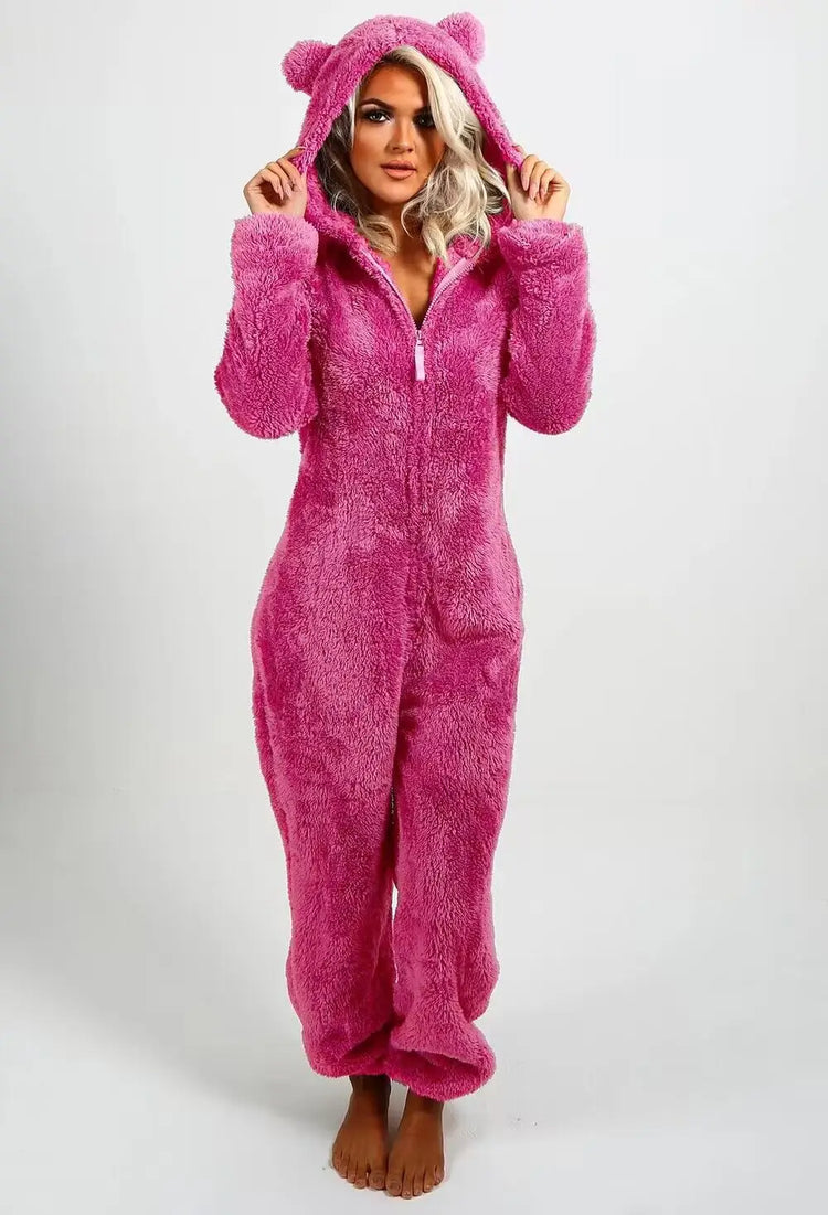 Casual Cute Women's Thick Warm Furry Jumpsuit One-Piece Solid color Hooded Pants Set Home Wear Comfortable Jumpsuits Overall