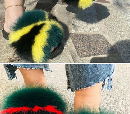 Natural Fox Fur Slippers, Fashionable Outdoor Multi-Color Animal Hair Slippers, Women's Gifts, Soft EVA Sole Slippers, On Trend
