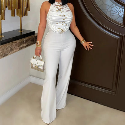 Sexy Women's Beaded Halter Jumpsuits Overalls Summer 2025 Backless Fitted Wide Legs Rompers One Piece Outfits Clubwear Party