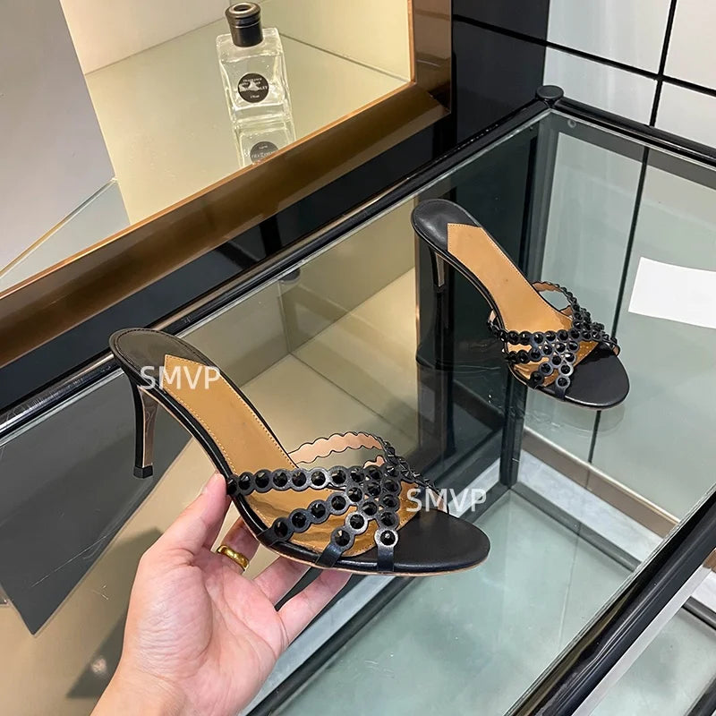 Summer 2026 Women's Pink Crystal High Heels Diamond-Encrusted Slim Heel Sandals for Outdoor Weddings Parties Fashionable Ladies'