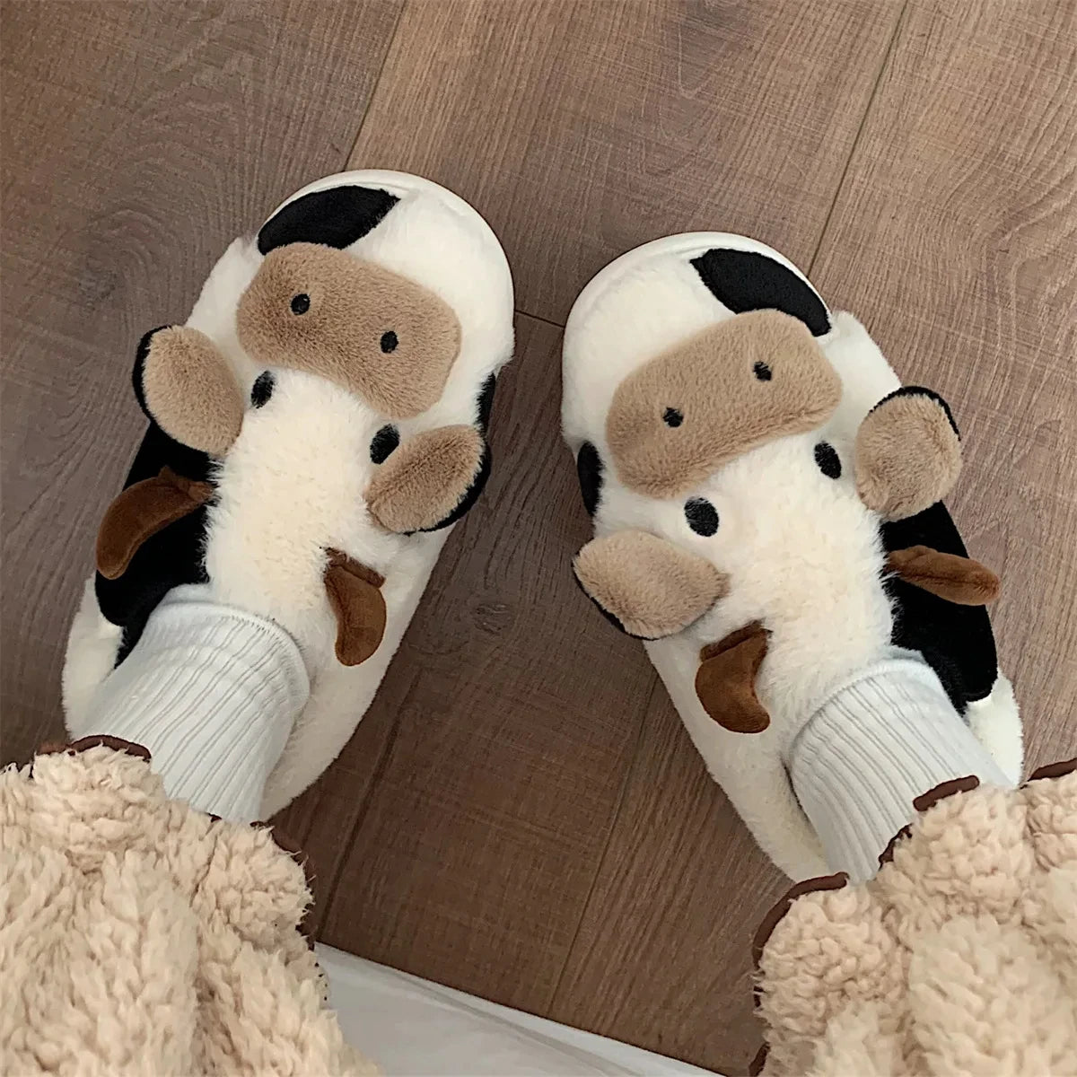 Shevalues Plush Cartoon Milk Cow Slippers Winter Women Slippers Furry Non-Slips Women Cotton Slides Couples Soft Cozy Flat Shoes