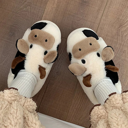 Shevalues Plush Cartoon Milk Cow Slippers Winter Women Slippers Furry Non-Slips Women Cotton Slides Couples Soft Cozy Flat Shoes