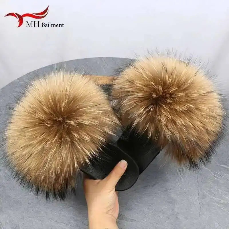 Real Raccoon Fur Slippers For Women 2026 Summer Fluffy Indoor House Fuzzy Flat Slides Outdoor Fashion Beach Sandals Flip Flops