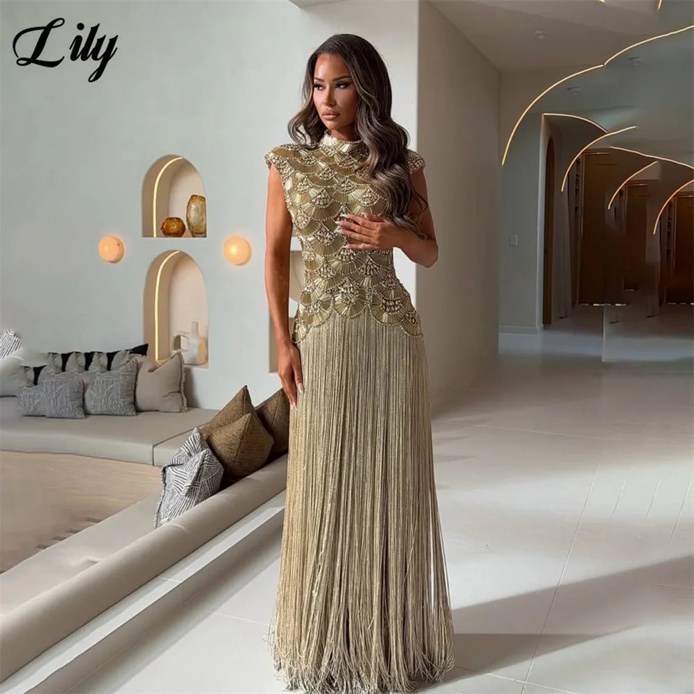 Lily Gold Evening Dress High Neck Cap Sleeve Party Dress Crystal Mermaid Vestidos De Fiesta Tassel Luxury Prom Gowns Customized