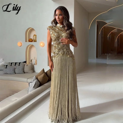 Lily Gold Evening Dress High Neck Cap Sleeve Party Dress Crystal Mermaid Vestidos De Fiesta Tassel Luxury Prom Gowns Customized