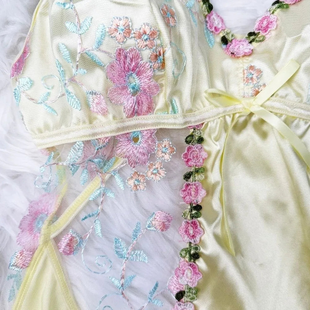 Thin Lace Bow Women's Pajama Dress Embroidered Mesh Transparent Ice Silk Suspender Nightdress Flowers Butterfly Sleepwear