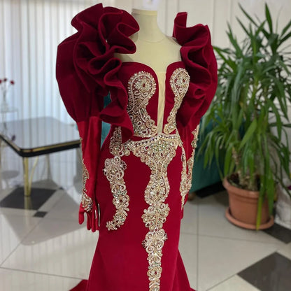 Customized Pleated Evening Dresses Retro Sequined Embroidered Dress Red Ruffled Shoulder Evening Dress Lace Party Formal Dress