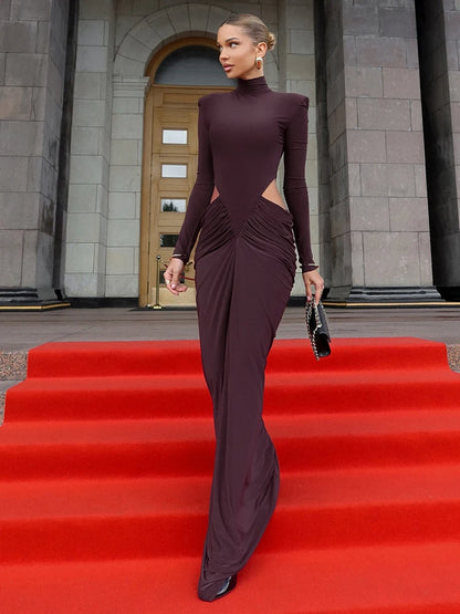 Nibber Hipster Waistless Ruched Elegant Dress Woman Autumn Style Turtleneck Full Sleeve Hollow Design Prom Party Long Bodycon