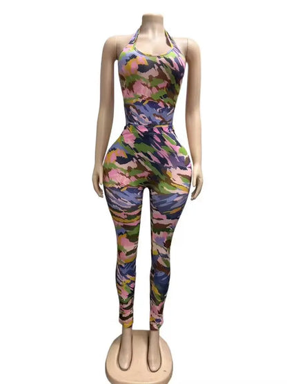 STYLISH LADY Colorful Camo Print 2 Piece Outfit Women Halter Sleeveless Bodysuit High Waist Skinny Pants Street Matching Sets