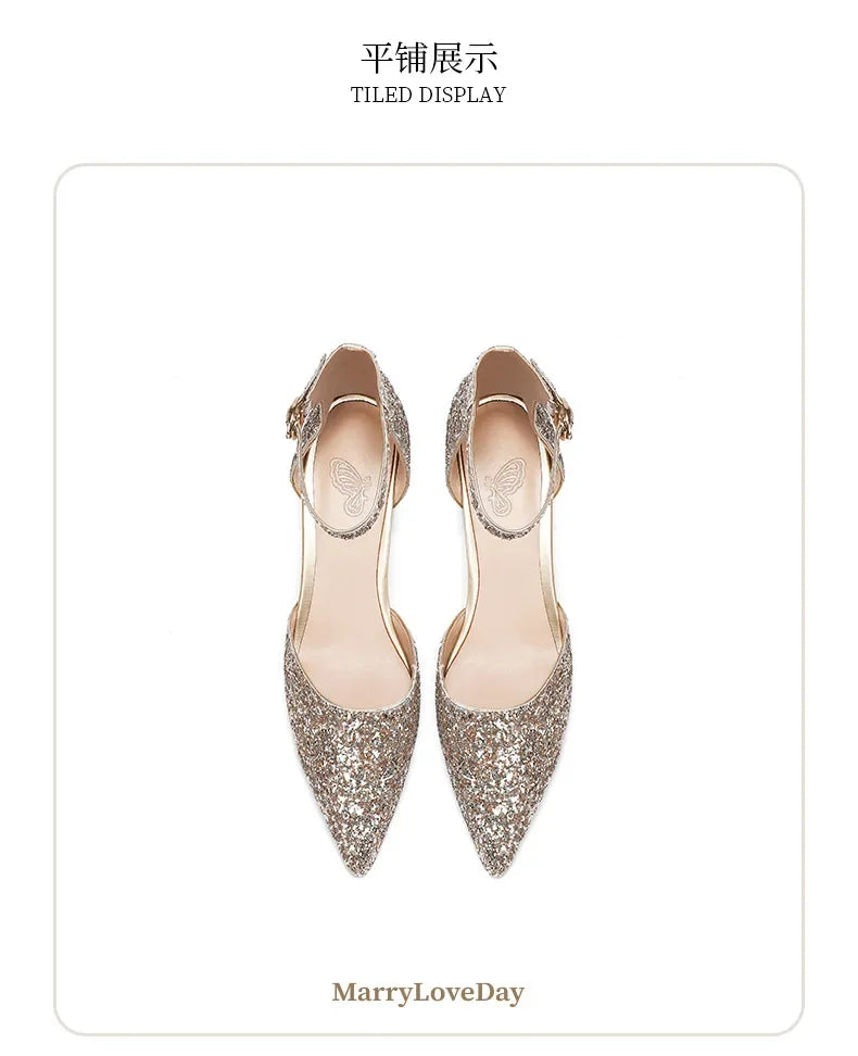Luxury Silver Gold Sandals Women Summer Pointed Elegant Crystal High Heels Ladies Flip Flop Sequined Party Banquet Wedding Shoes
