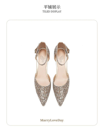 Luxury Silver Gold Sandals Women Summer Pointed Elegant Crystal High Heels Ladies Flip Flop Sequined Party Banquet Wedding Shoes