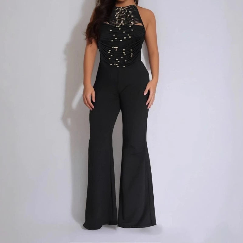 Sexy Women's Beaded Halter Jumpsuits Overalls Summer 2025 Backless Fitted Wide Legs Rompers One Piece Outfits Clubwear Party