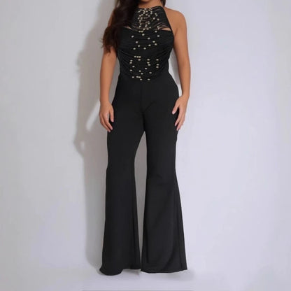 Sexy Women's Beaded Halter Jumpsuits Overalls Summer 2025 Backless Fitted Wide Legs Rompers One Piece Outfits Clubwear Party